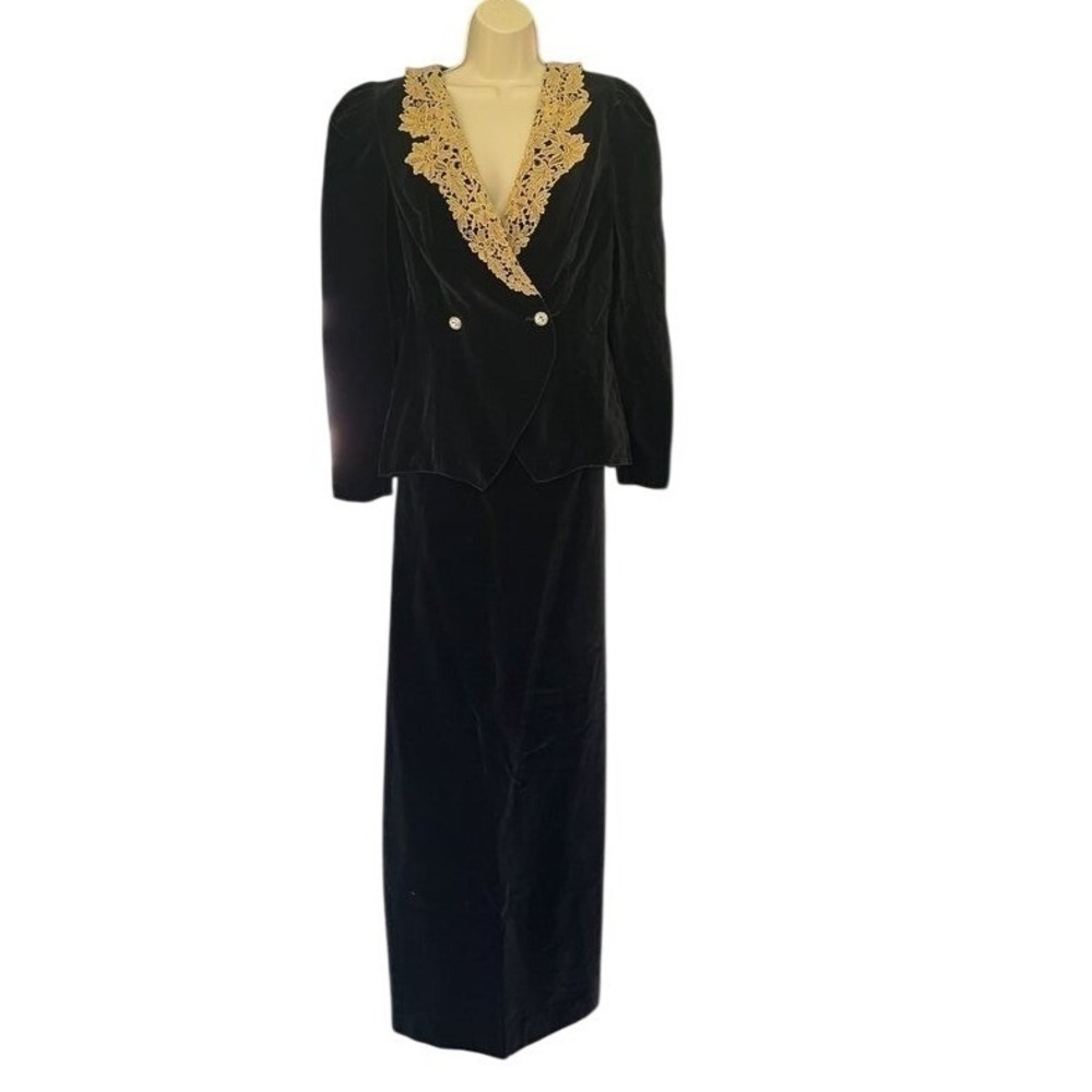 Vintage Black Velvet Skirt Suit Gold Lace Trim Puff Shoulder Maxi Skirt Set Sz 8